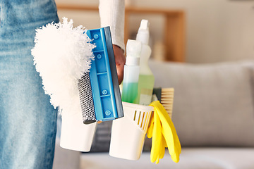 Image showing Cleaning, products and hand of cleaner with basket in home preparing for cleaning service. Spring cleaning, hygiene and black woman with cleaning supplies to remove germs, bacteria or dust in house.