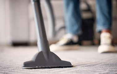 Image showing Floor, house or vacuum cleaning carpet or dusty, messy or dirty bacteria on ground in spring cleaning. Cleaning services, home or worker with an electrical vacuum cleaner for living room rug or mat