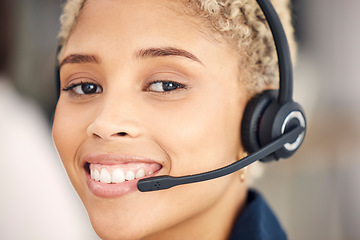 Image showing Closeup portrait, call center and agent woman with smile, happiness and headset in customer support. Happy crm, customer service expert or consultant for communication by blurred background in office