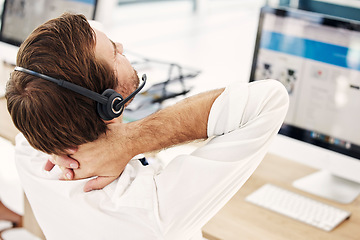 Image showing Neck pain, call center and man in office with stress, burnout and posture issue while working in customer support. Hands, spine and inflammation by consultant suffering arthritis, muscle and pain