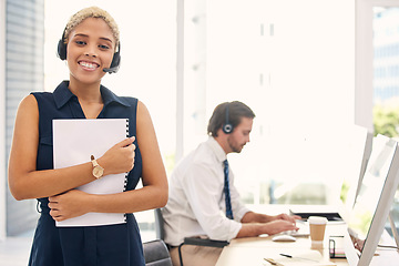 Image showing Portrait, manager and black woman in call center, telemarketing and consulting. Client service, team leader and consultant for customer support, advice and telecom sales for communication and smile.