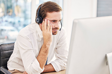 Image showing Call center, stress and sad businessman with burnout from mistake on computer, 404 glitch and fail. Tired sales consultant working on desktop, pc problem and telemarketing error, fatigue and crisis