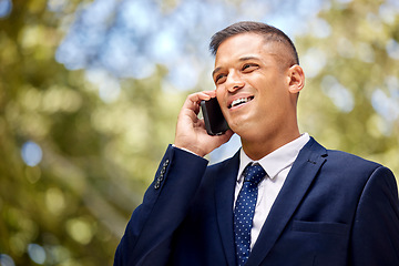 Image showing Businessman, phone call and communication with conversation and networking, company business and b2b with technology. Online, connect with phone, corporate deal and talking with mockup and 5g network