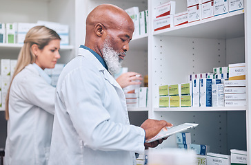 Image showing Pharmacy, stock and digital tablet for inventory by man and woman checking medicine and packing shelves. Pharmacist, senior man and online search on device app for information, prescription and pills