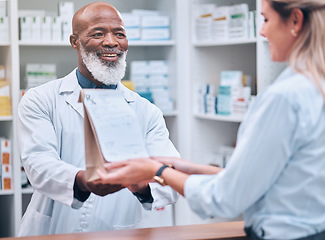 Image showing Consulting, medicine and pharmacy with black man and customer for healthcare, help or prescription. Shopping, retail and pills with pharmacist and patient for medical, wellness or medication checkout