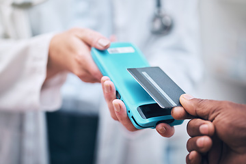 Image showing Woman, credit card in hands and payment for healthcare, medicine or doctors consultation at pharmacy or hospital. Finance, budget and customer or patient paying for service on online mobile device.