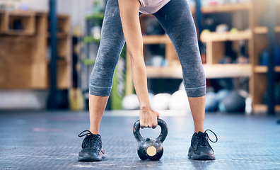 Image showing Fitness, gym and kettlebell training by woman hands weightlifting for health, wellness and power goals, Exercise, weights and hand of girl in sports center for cardio, challenge and strength workout