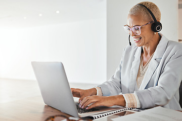 Image showing Consulting, black woman and laptop in office for online meeting, webinar and thinking, planning and discussion. Business woman, microphone and virtual training but mentor teaching on live stream