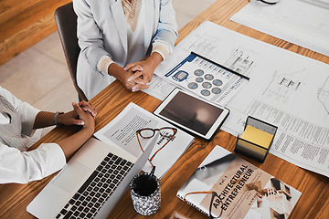 Image showing Architecture, planning and hands on desk with laptop in meeting with paperwork, illustration and documents. Teamwork, collaboration and architects in discussion with proposal, blueprints and notebook