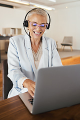 Image showing Consulting, laptop and microphone with business woman in office for video conference, webinar and online meeting. Virtual, call center and coaching with consultant and headset for digital help desk