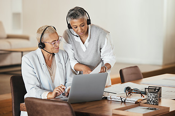 Image showing Laptop, consulting and woman help mentor while doing presentation in a virtual meeting, documents and strategy. Team, virtual and business woman coaching online seminar while training her assistant