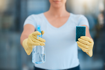 Image showing cleaner hands, spray and sponge for cleaning in office for business safety, healthcare and clean bacteria or dust. Cleaning products, maintenance and maid cleaning service with disinfection chemicals