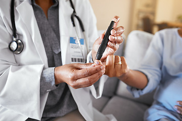 Image showing Pregnancy, healthcare and finger for blood test of sugar level, blood pressure and wellness check up. Medical care, doctor and hands of pregnant woman for diabetes exam and maternal health at hoem