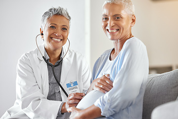 Image showing Pregnant, woman and doctor consulting on sofa in a clinic for checkup, health and family planning, happy and excited. Portrait, pregnancy and healthcare support from senior woman at home visit check