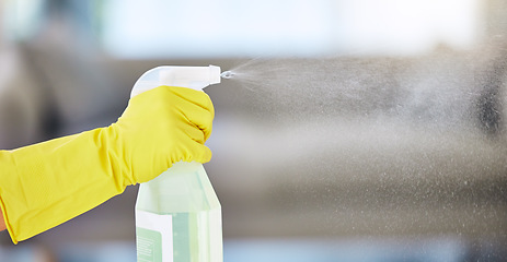 Image showing Cleaning, housekeeping and hands with detergent from spray bottle for disinfection, bacteria and household safety. Spring cleaning, housework and maid with gloves spray cleaning products in air