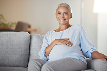 Image showing Pregnant woman, smile and relax on sofa in living room for baby health, prenatal care and new mother support. Childcare, baby wellness and pregnancy love, happiness and hands on stomach on couch