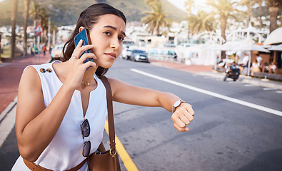 Image showing Phone call, time and woman waiting for taxi in city while talking, speaking or chatting. Travel destination, watch and late female on 5g mobile smartphone in discussion with contact outdoors in town.