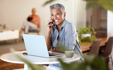 Image showing Cafe, phone call and senior woman talking, chatting or speaking. Remote worker, freelancer and happy elderly female in coffee shop with laptop and networking, discussion or conversation on smartphone