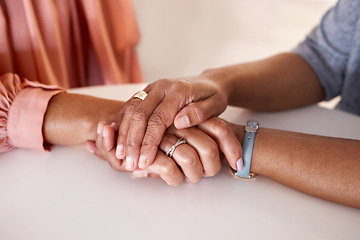 Image showing Hands, women and holding closeup in support of comfort, empathy and unity in crisis, cancer or bad news. Hand, zoom and friends holding hands for hope, trust and prayer for girl suffering depression