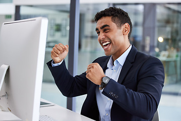 Image showing Businessman, computer or success fist in finance office for stock market trading, investment growth or insurance index winner. Happy smile, celebration financial worker or celebration hands on tech