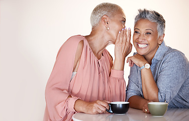 Image showing Senior women, bonding or whispering secrets in coffee shop, restaurant or cafe and funny gossip, news or story. Smile, happy or retirement elderly friends whispering in ear or sharing in rumor spread