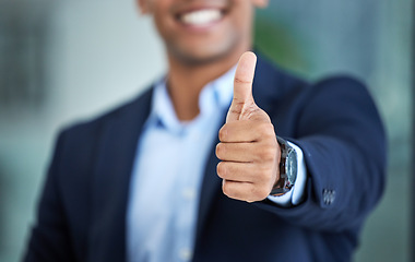Image showing Thumbs up, success and hand of businessman in the office with an approval, agreement or positive gesture. Happiness, successful and professional male employee with a thank you thumbsup in workplace.