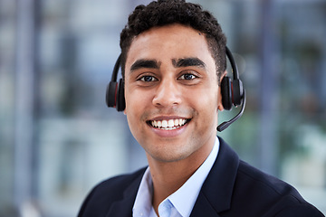 Image showing Telemarketing, happy portrait and indian businessman smile in call center agency, customer service worker and contact us consultant. Crm customer support, help desk employee and corporate happiness