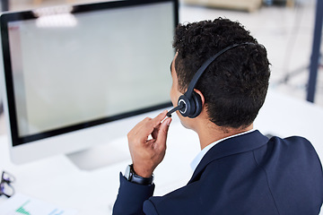 Image showing Call center, mockup and consulting with businessman at computer for telemarketing, customer service or technical support. Communication, contact us and crm with help desk employee for ecommerce sales