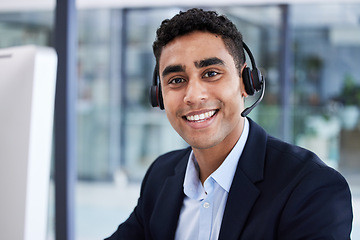 Image showing Businessman, call center and portrait smile for telemarketing, customer support or service at the office. Happy employee man consultant or agent smiling in contact us, help or online advice at desk