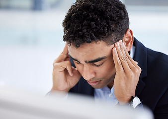 Image showing Stress headache, burnout and man in office overwhelmed with workload at computer. Mental health, frustrated and overworked tired trader at startup, anxiety from deadline time in stock market crisis.