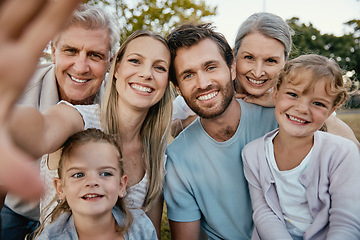 Image showing Big family, portrait smile and selfie for happy quality bonding together for fun day in the nature park. Parents, grandparents and kids faces smiling for family time, photo or holiday in the outdoors