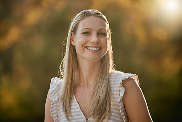 Image showing Face portrait, smile and happy woman on vacation, holiday or trip outdoors. Relax, freedom and smiling female from Canada on break, having fun or enjoying quality time alone in nature, park or garden