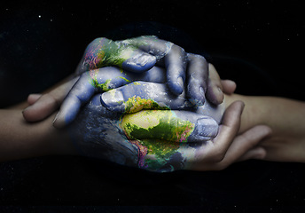 Image showing Earth overlay, holding hands and sustainability support of people with global love and empathy. Sustainable, green and hands together for international help, eco friendly trust and ecology helping
