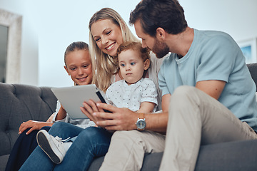 Image showing Happy family, tablet and relax sofa in living room together for quality time, bonding and streaming video online. Parents, children smile and watching on digital tech device on couch in family home
