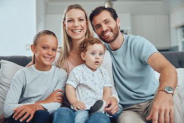 Image showing Happy, family and sofa portrait with kids at home in Australia for bonding and togetherness. Family home, mother and dad with young children relaxing on living room couch with joyful smile.