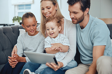 Image showing Family, tablet and relax on sofa in home, having fun and bonding. Love, care and happy mother, father and girl with .baby streaming movie, video or social media with touchscreen in house living room.