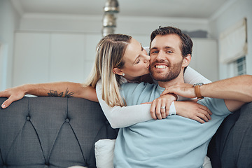 Image showing Love, couple and sofa kiss portrait in home for care, gratitude and intimate moment in home. Happy people in marriage bonding together in living room with romantic embrace with hug and smile.