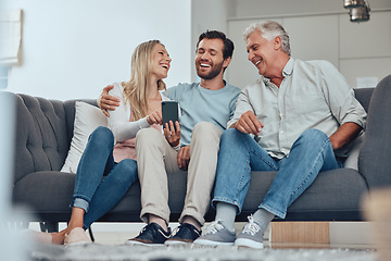 Image showing Family, phone and relax on sofa in home, having fun and bonding. Tech, cellphone and happy man, woman and grandfather with mobile smartphone laughing at comic meme on social media or funny video.