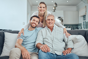 Image showing Family, portrait and relax on sofa in living room, smiling and bonding. Love, care and happy man, woman and grandfather sitting on couch having fun, smile and enjoying quality time together in house.
