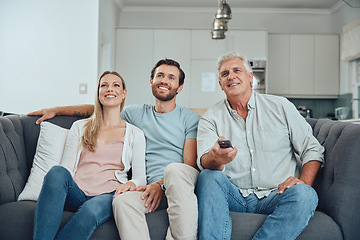 Image showing Watching tv, family and home of a couple with grandparent streaming a movie happy on a sofa. Television, living room and video watching of people on a family home couch with technology and happiness
