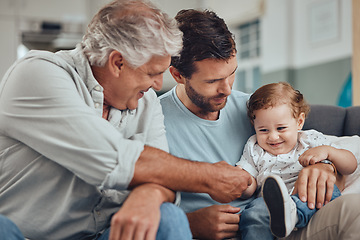 Image showing Family, father and grandfather play with baby in home, having fun and bonding. Love, care and man with grandpa holding hand of happy child, playing and enjoying quality time together in living room.