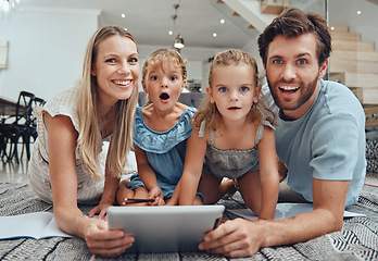 Image showing family, tablet and happy portrait on floor in living room for relax fun activity, quality time and relationship bonding for love, support and care. Happiness, parents and children together on device