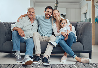 Image showing Family, happy portrait and relax on sofa in living room for quality time, relationship bonding and happiness together. Big family, smile and grandfather relaxing with children on couch for support