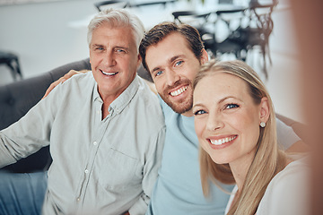 Image showing Family, selfie and relax on sofa in living room, bonding and smiling. Care, love and portrait of grandfather, woman and man taking pictures for profile picture, social media or happy memory together