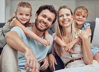 Image showing Happy family, bonding parents or children hug in Canada house or home living room in trust, relax support or love security. Portrait, smile or kids with mother, father or man and embrace woman unity