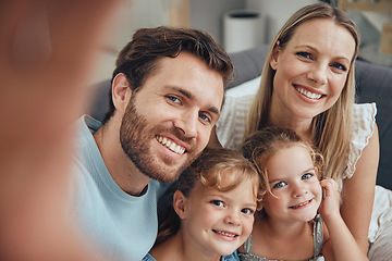 Image showing Home, love and selfie of family on sofa enjoying holiday, vacation and quality time on weekend together. Relax, affection and portrait of mom, dad and children bonding, smile and happiness on couch