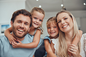 Image showing Family, happy portrait and relax together in home for quality time, relationship bonding and support in family home. Love, care and children hugging parents for happiness or smile in living room