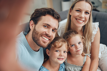 Image showing Family, selfie and home of a mother, dad and girl children on a living room sofa with love and care. Parents, kids and mama with father on a couch with a happy smile bonding together in a lounge