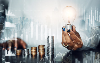 Image showing Stock market, trading and savings of hands in finance planning, idea or growth in double exposure. Hand holding light bulb for stocks, investment or profit in analytics, money or marketing on overlay