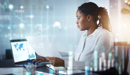 Image showing Business woman, computer finance and fintech software and cloud computing for marketing strategy, networking or company growth research. Lens flare hologram overlay or stock market infographics